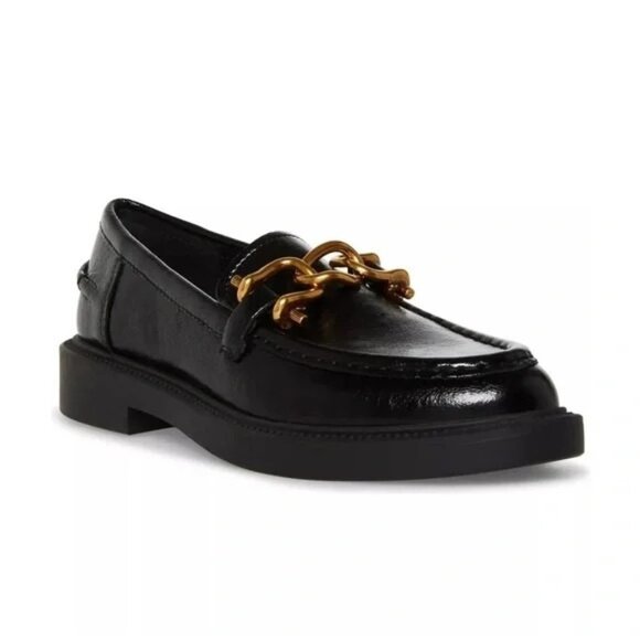 🆕 STEVE MADDEN Karmine Loafer Shoe Leather Gold Chain Black 5.5 - Picture 1 of 6